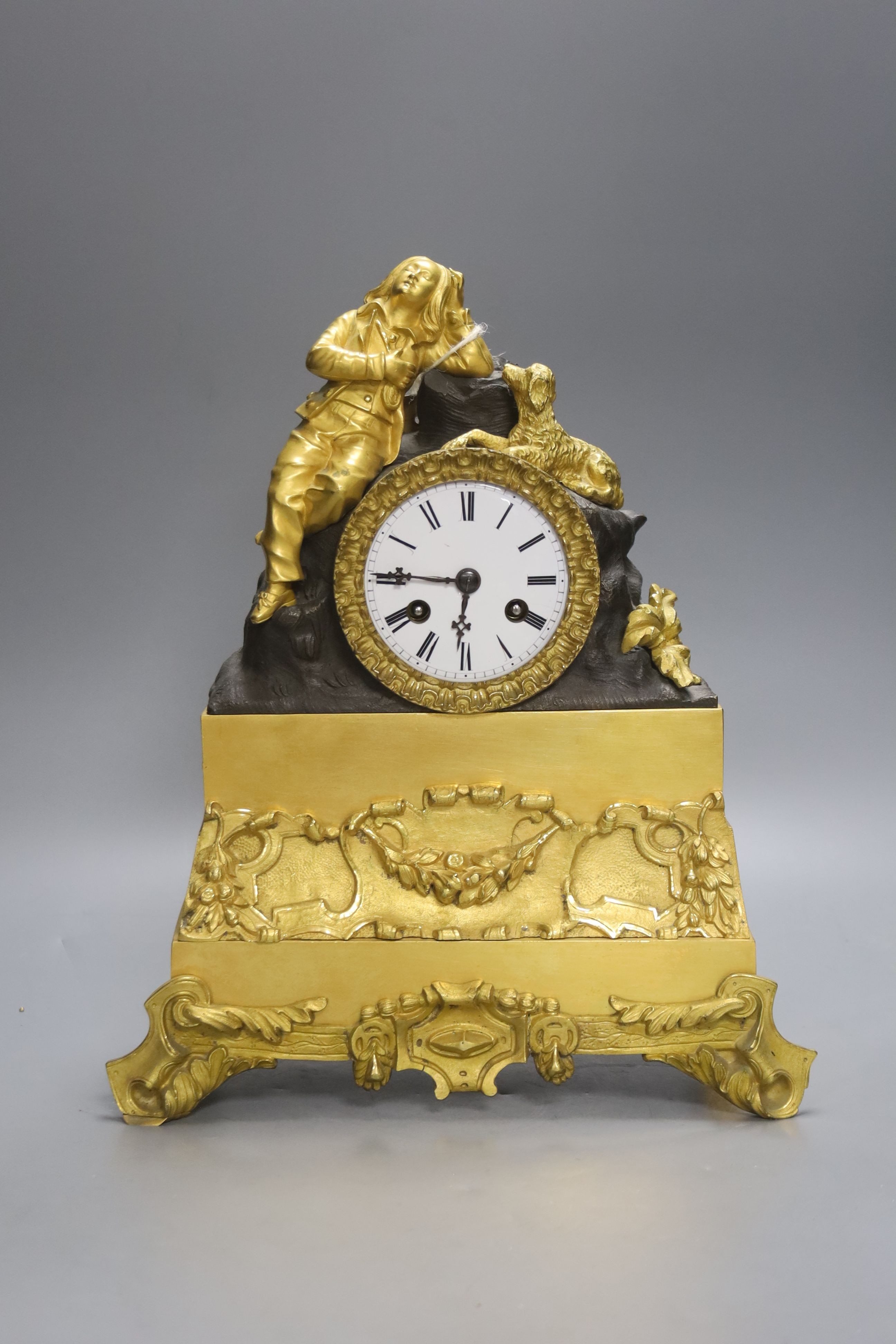 A 19th century French ormolu mantel clock, Marti movement count wheel striking on a bell, with pendulum, 31cm high